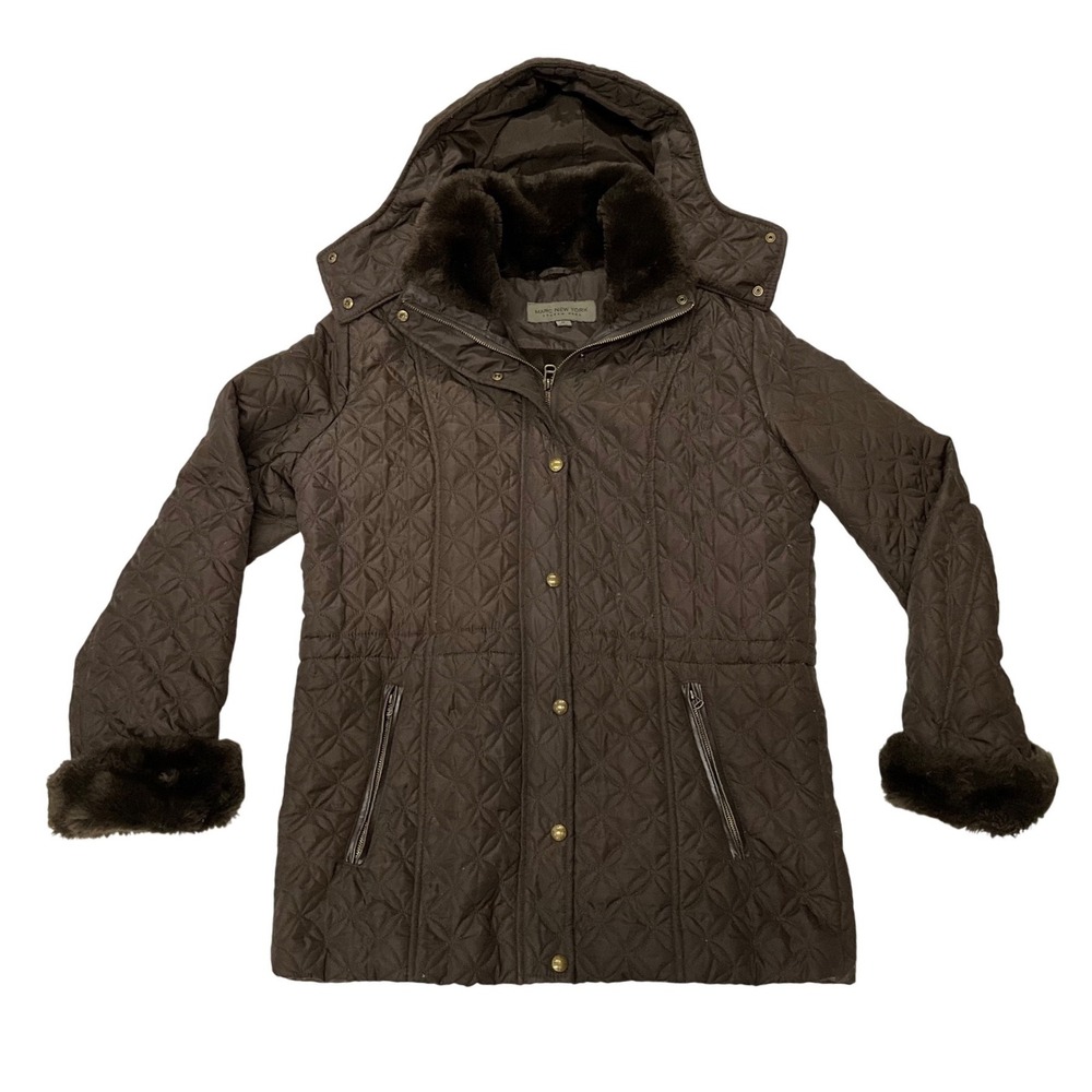 Marc New York Quilted Puffer Jacket Brown Faux Fur Trim Hooded Coat Medium Women